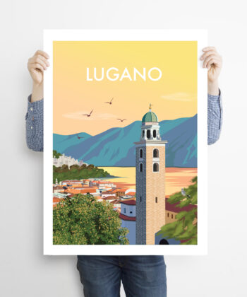 Man-holding-50x70cm-swiss-poster-Lugano-