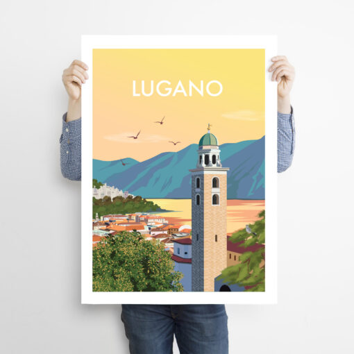 Man-holding-50x70cm-swiss-poster-Lugano-