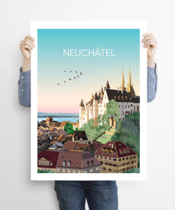 Man-holding-50x70cm-swiss-poster-Neuchatel-