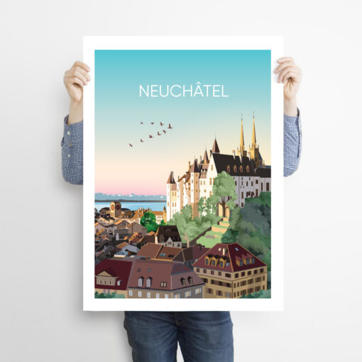 Man-holding-50x70cm-swiss-poster-Neuchatel-