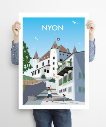 Man-holding-50x70cm-swiss-poster-Nyon