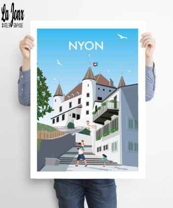 Man-holding-50x70cm-swiss-poster-Nyon