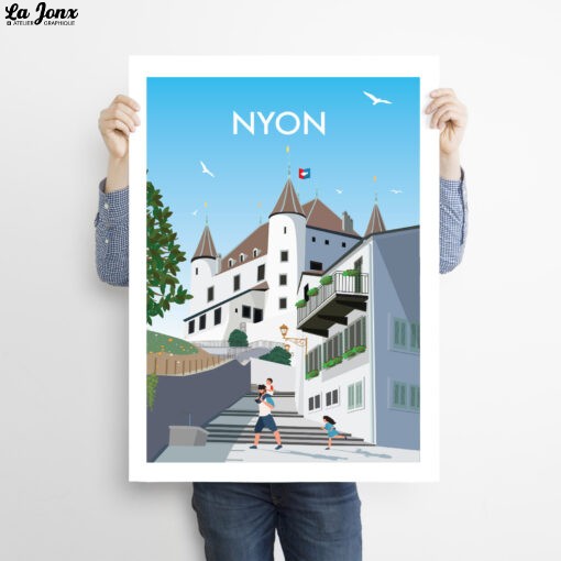 Man-holding-50x70cm-swiss-poster-Nyon