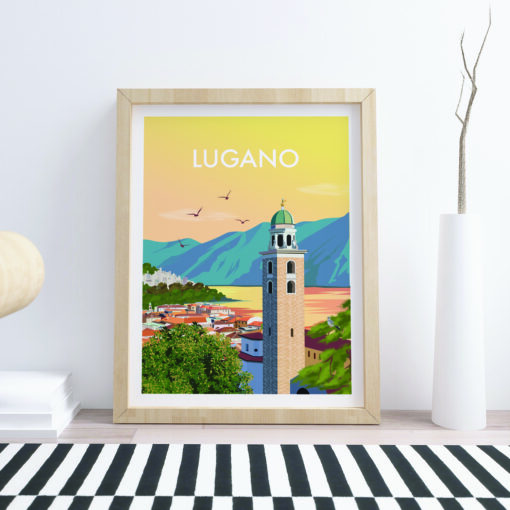 Swiss-poster-in-living-room-with-frame-Lugano-