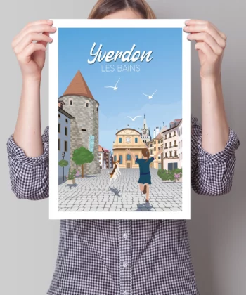 Donna con in mano un poster di Yverdon les bains, Svizzera