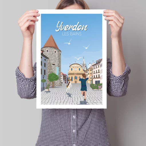 Donna con in mano un poster di Yverdon les bains, Svizzera