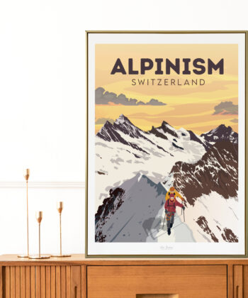 Affiche d'un alpiniste posée sur un meuble