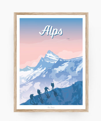 Affiche sur les Alpes avec des randonneurs dans un cadre