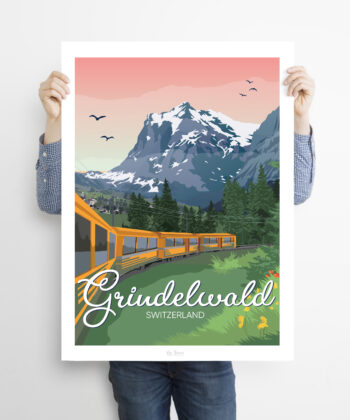Homme tenant une affiche sur un train à Grinderwald avec la montagne dans un cadre