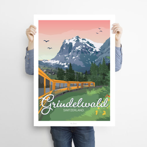 Homme tenant une affiche sur un train à Grinderwald avec la montagne dans un cadre