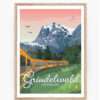 Affiche sur un train à Grinderwald avec la montagne dans un cadre