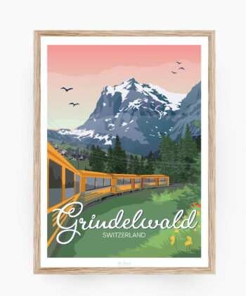 Affiche sur un train à Grinderwald avec la montagne dans un cadre