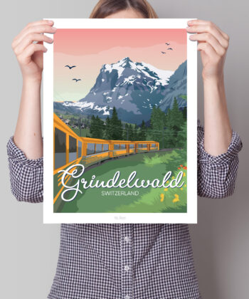 Femme tenant une affiche sur un train à Grinderwald avec la montagne dans un cadre