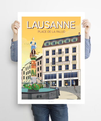 Man holding a poster of Palud in Lausanne