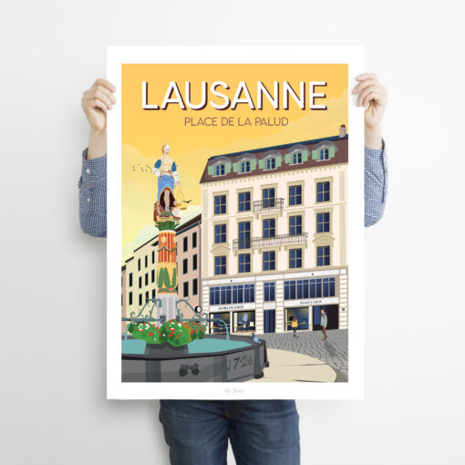 Man holding a poster of Palud in Lausanne