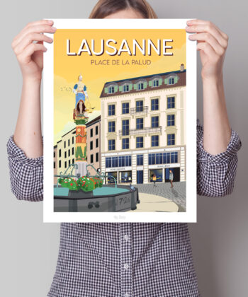 Femme tenant une affiche de la place du Palud à Lausanne