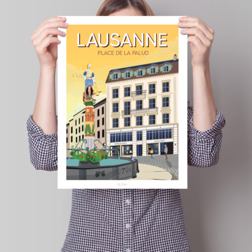 Femme tenant une affiche de la place du Palud à Lausanne