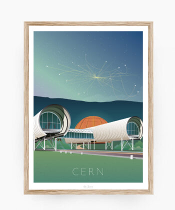 Affiche du Cern avec des particules dans le ciel