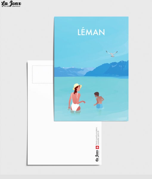 Carte postale du lac Léman avec une femme et un enfant