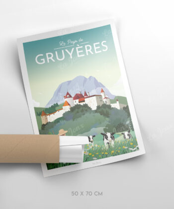Affiche de Gruyères, le pays, Suisse, parfaite pour offrir sous enveloppe et sans cadre