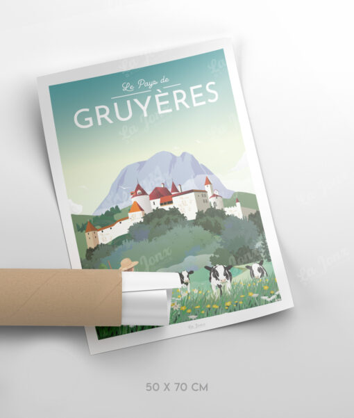 Affiche de Gruyères, le pays, Suisse, parfaite pour offrir sous enveloppe et sans cadre