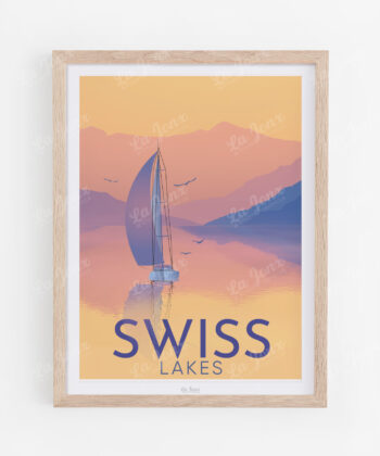 Affiche de Swiss Lakes, présentée dans un cadre en bois