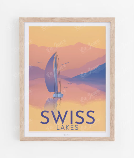 Swiss Lakes poster, presented in a wooden frame