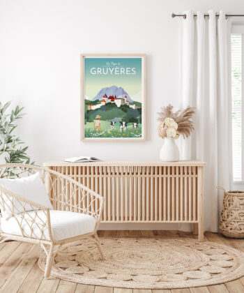 Affiche de Gruyères, le pays, cadeau original, sur un mur