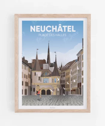 Affiche de Neuchâtel, présentée dans un cadre en bois