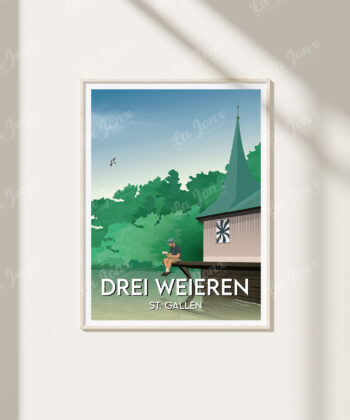Affiche de St Gallen - Drei Weieren, présentée dans un cadre en bois